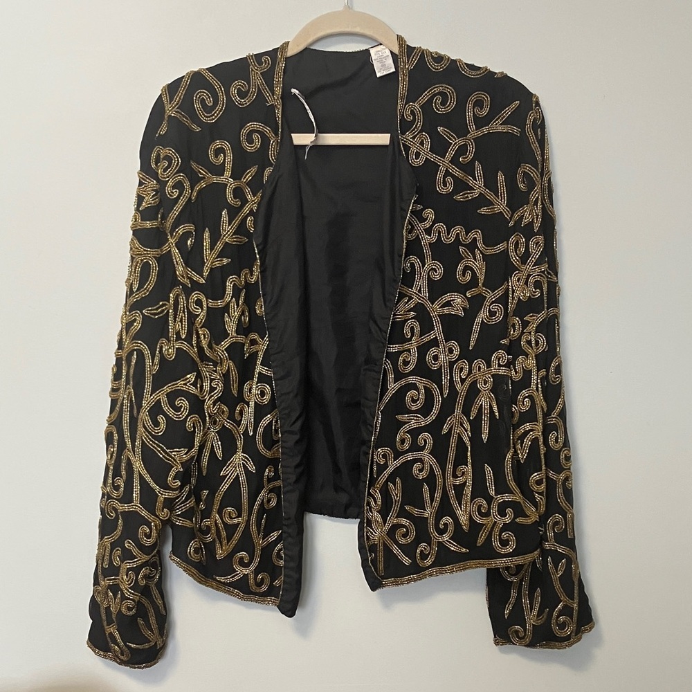 Lord & Taylor Vintage 100% silk Beaded Black and Gold Embroidered Jacket